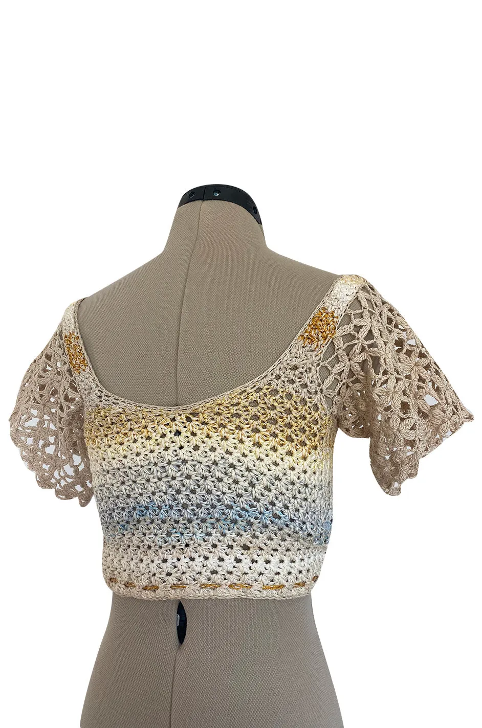 1960s Handmade Crocheted Crop Top w Blue & Gold Metallic Accents
