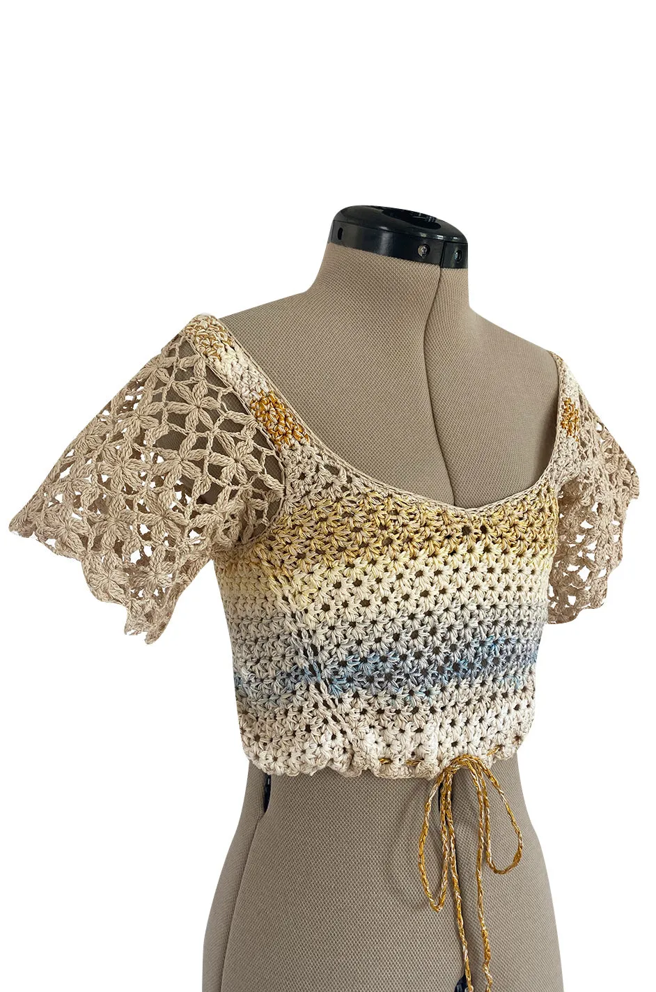 1960s Handmade Crocheted Crop Top w Blue & Gold Metallic Accents