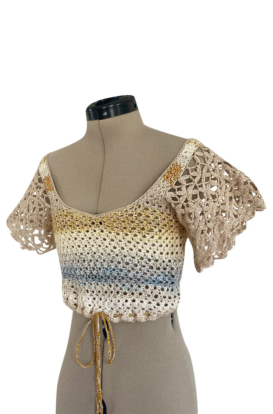 1960s Handmade Crocheted Crop Top w Blue & Gold Metallic Accents
