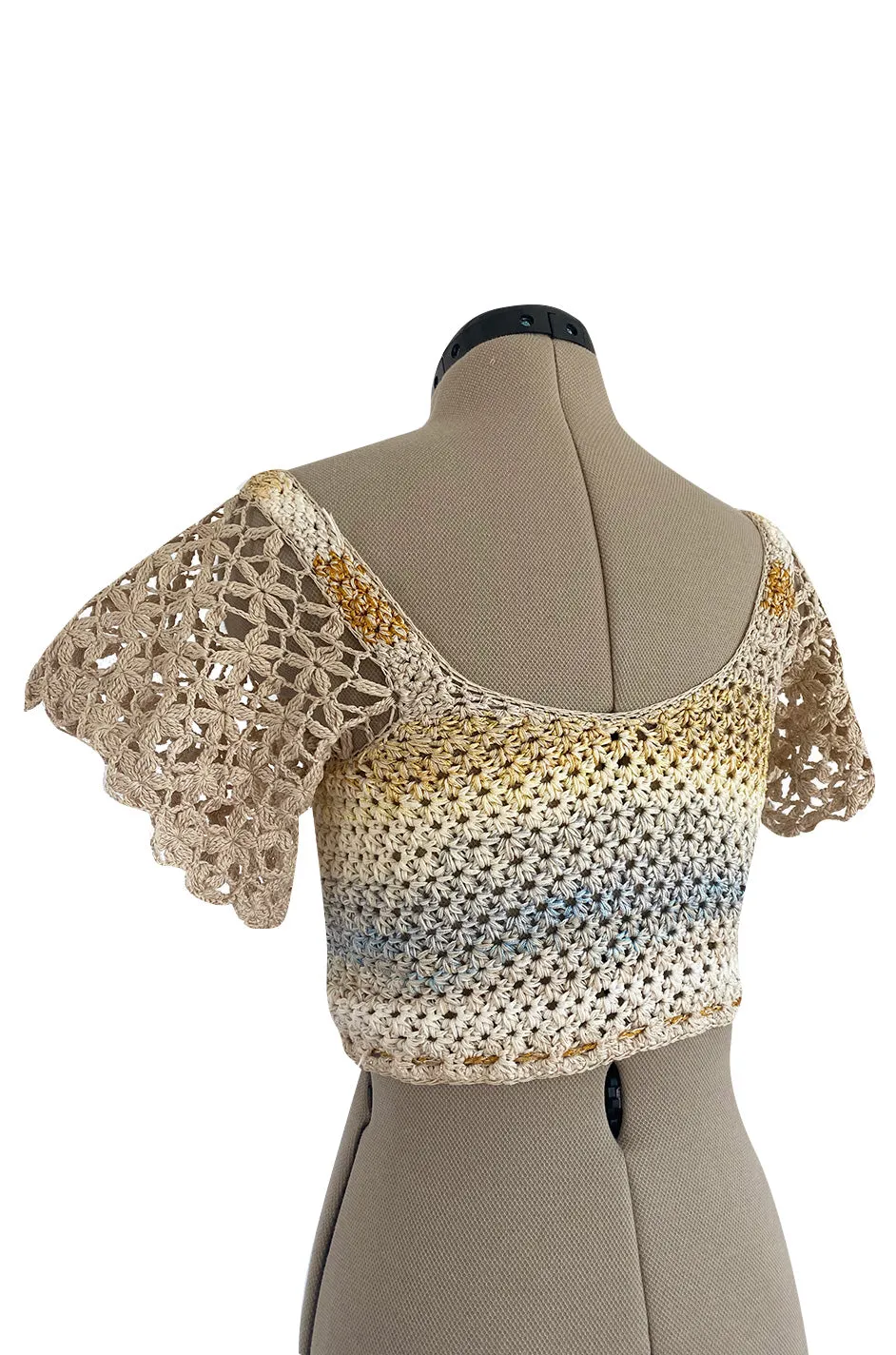 1960s Handmade Crocheted Crop Top w Blue & Gold Metallic Accents