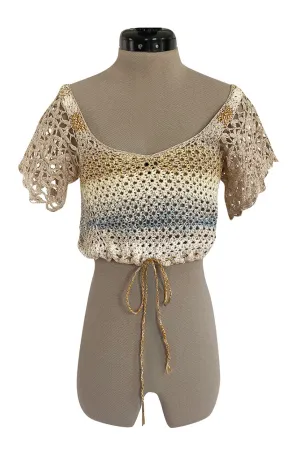 1960s Handmade Crocheted Crop Top w Blue & Gold Metallic Accents