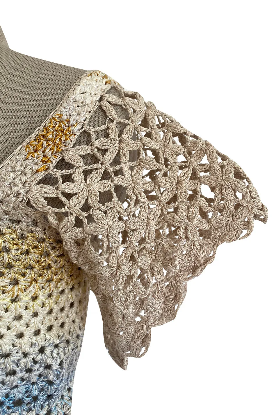 1960s Handmade Crocheted Crop Top w Blue & Gold Metallic Accents