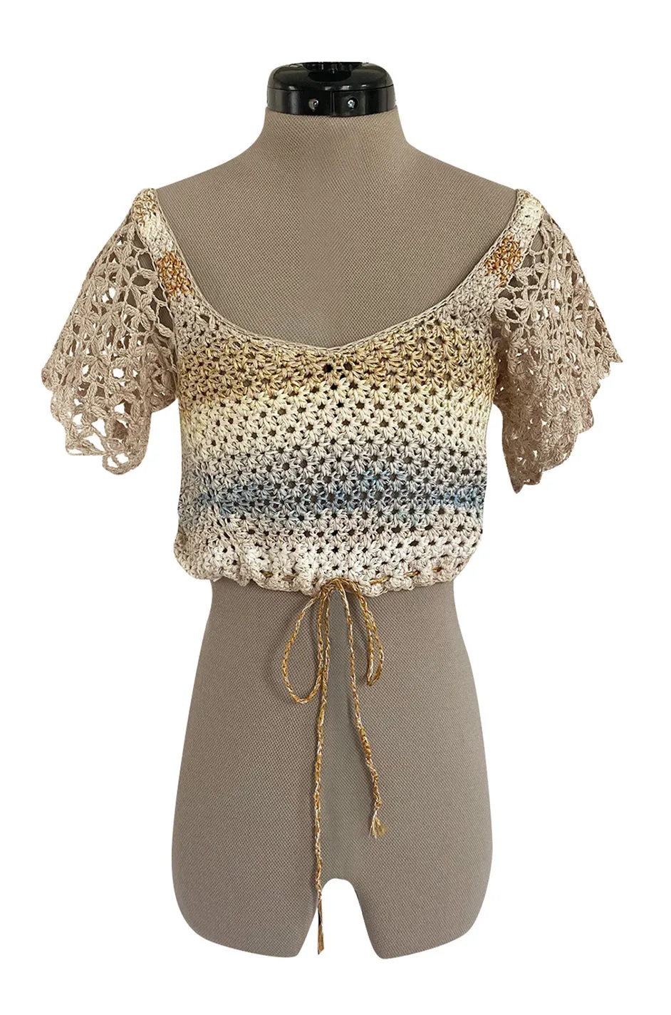 1960s Handmade Crocheted Crop Top w Blue & Gold Metallic Accents