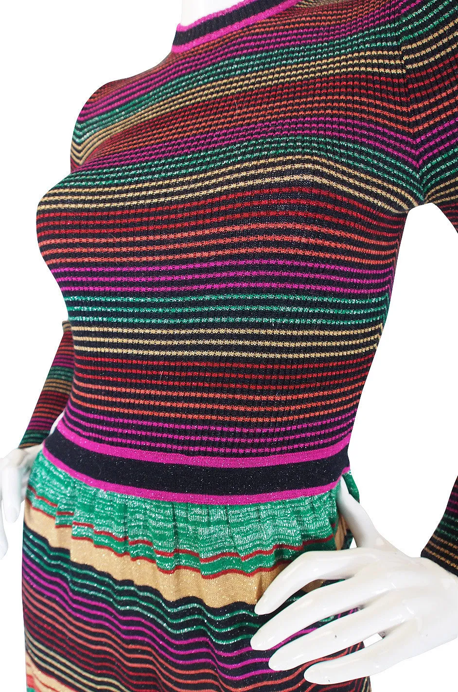 1970s Multi Color Striped Metallic Knit Maxi Dress