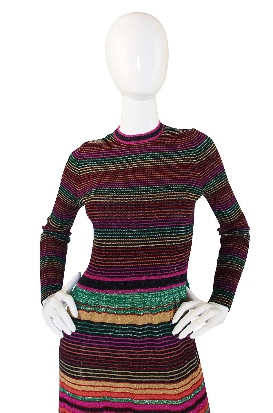 1970s Multi Color Striped Metallic Knit Maxi Dress