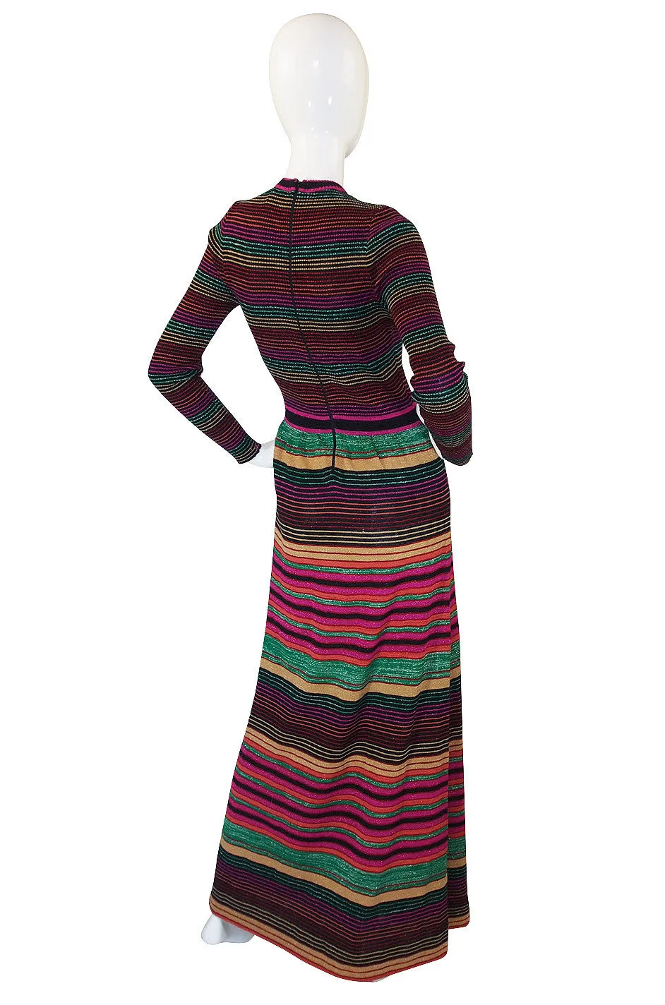 1970s Multi Color Striped Metallic Knit Maxi Dress