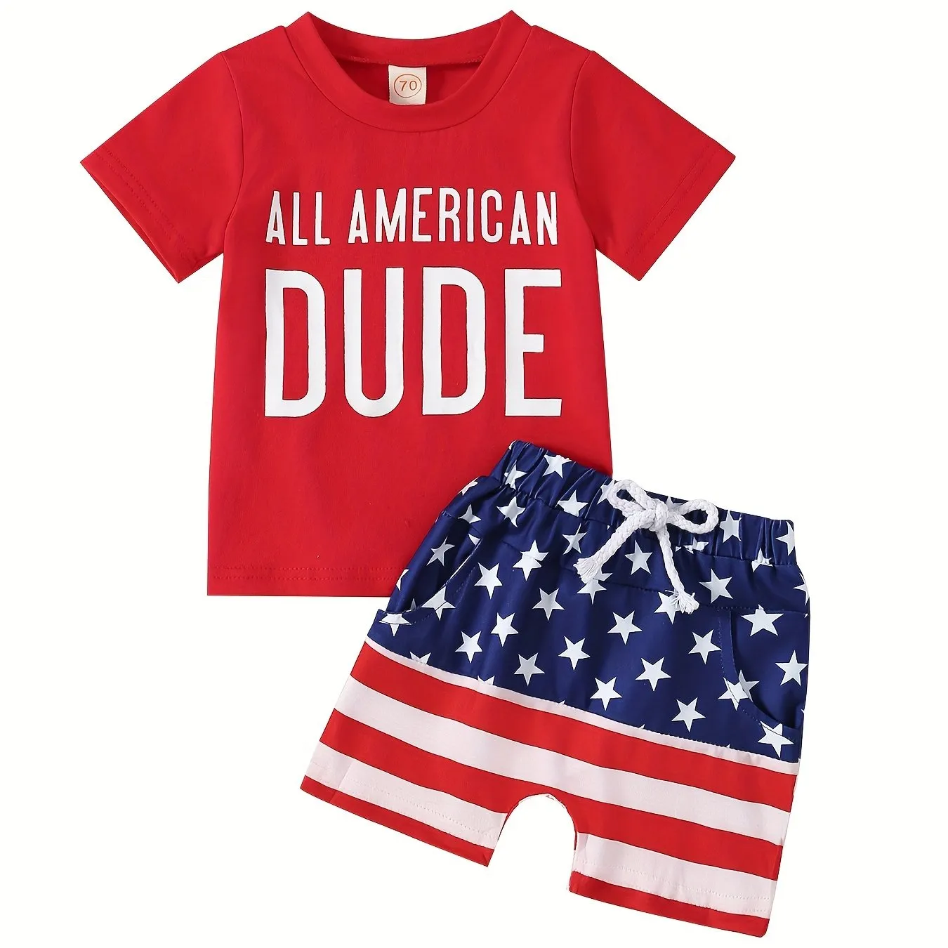 2pcs Baby Boys Patriotic Independence Day Cotton Outfit Set, Casual Style Short Sleeve 'All American Dude' T-Shirt With Star Spangled Striped Shorts Set