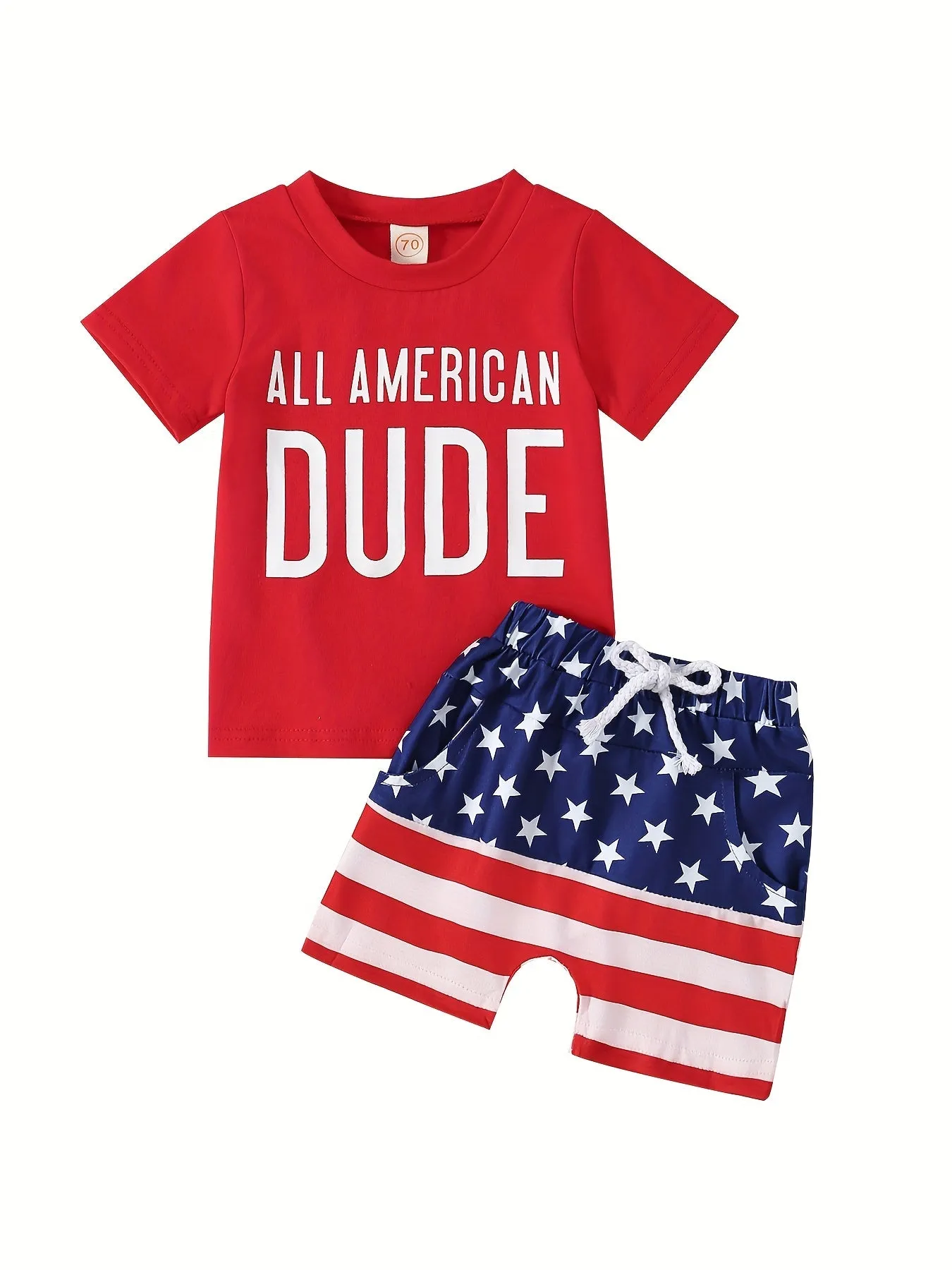 2pcs Baby Boys Patriotic Independence Day Cotton Outfit Set, Casual Style Short Sleeve 'All American Dude' T-Shirt With Star Spangled Striped Shorts Set