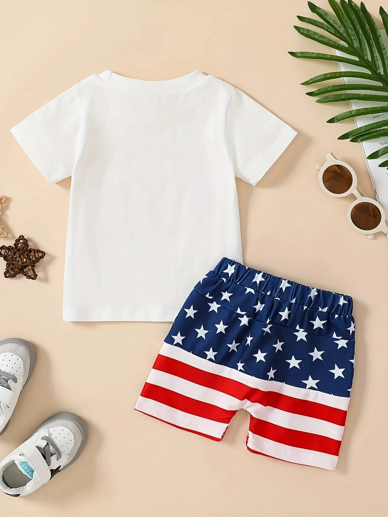 2pcs Baby Boys Patriotic Independence Day Cotton Outfit Set, Casual Style Short Sleeve 'All American Dude' T-Shirt With Star Spangled Striped Shorts Set