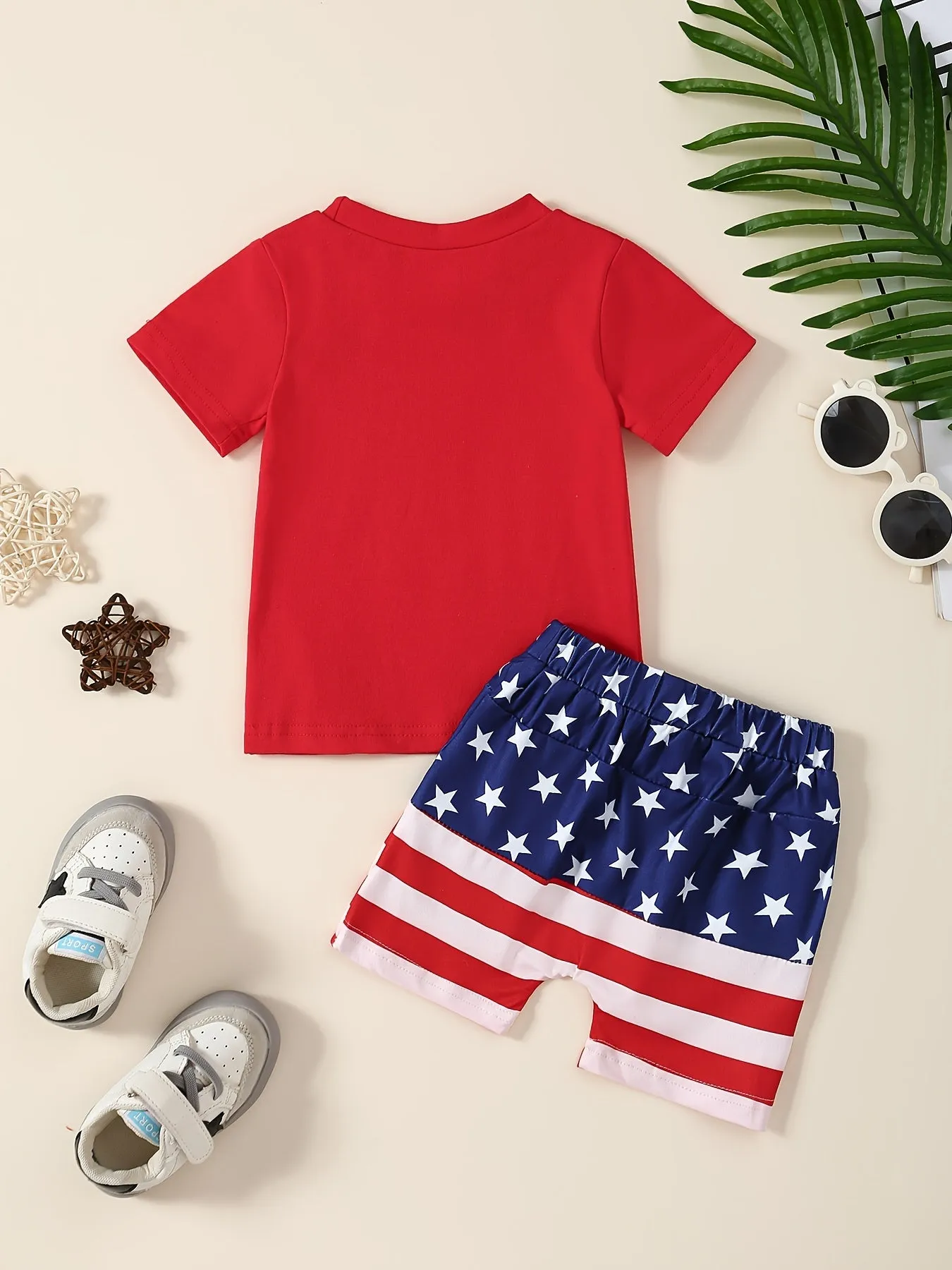 2pcs Baby Boys Patriotic Independence Day Cotton Outfit Set, Casual Style Short Sleeve 'All American Dude' T-Shirt With Star Spangled Striped Shorts Set