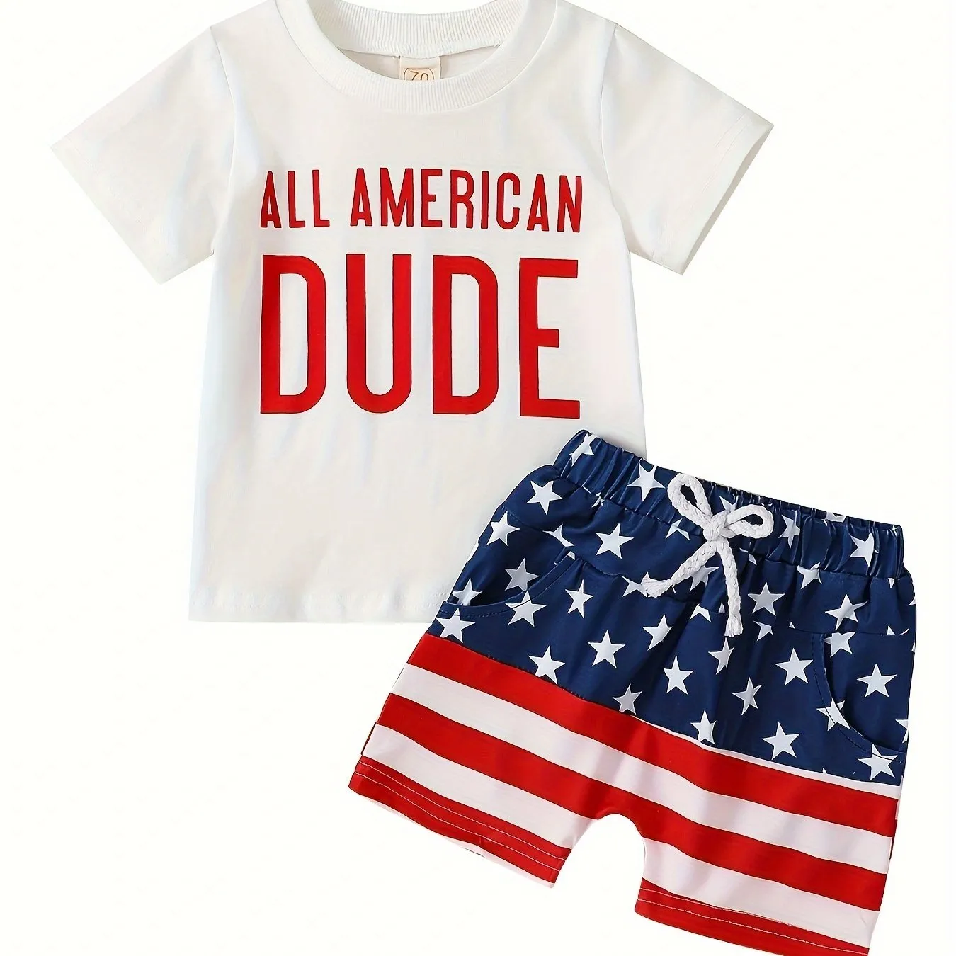 2pcs Baby Boys Patriotic Independence Day Cotton Outfit Set, Casual Style Short Sleeve 'All American Dude' T-Shirt With Star Spangled Striped Shorts Set