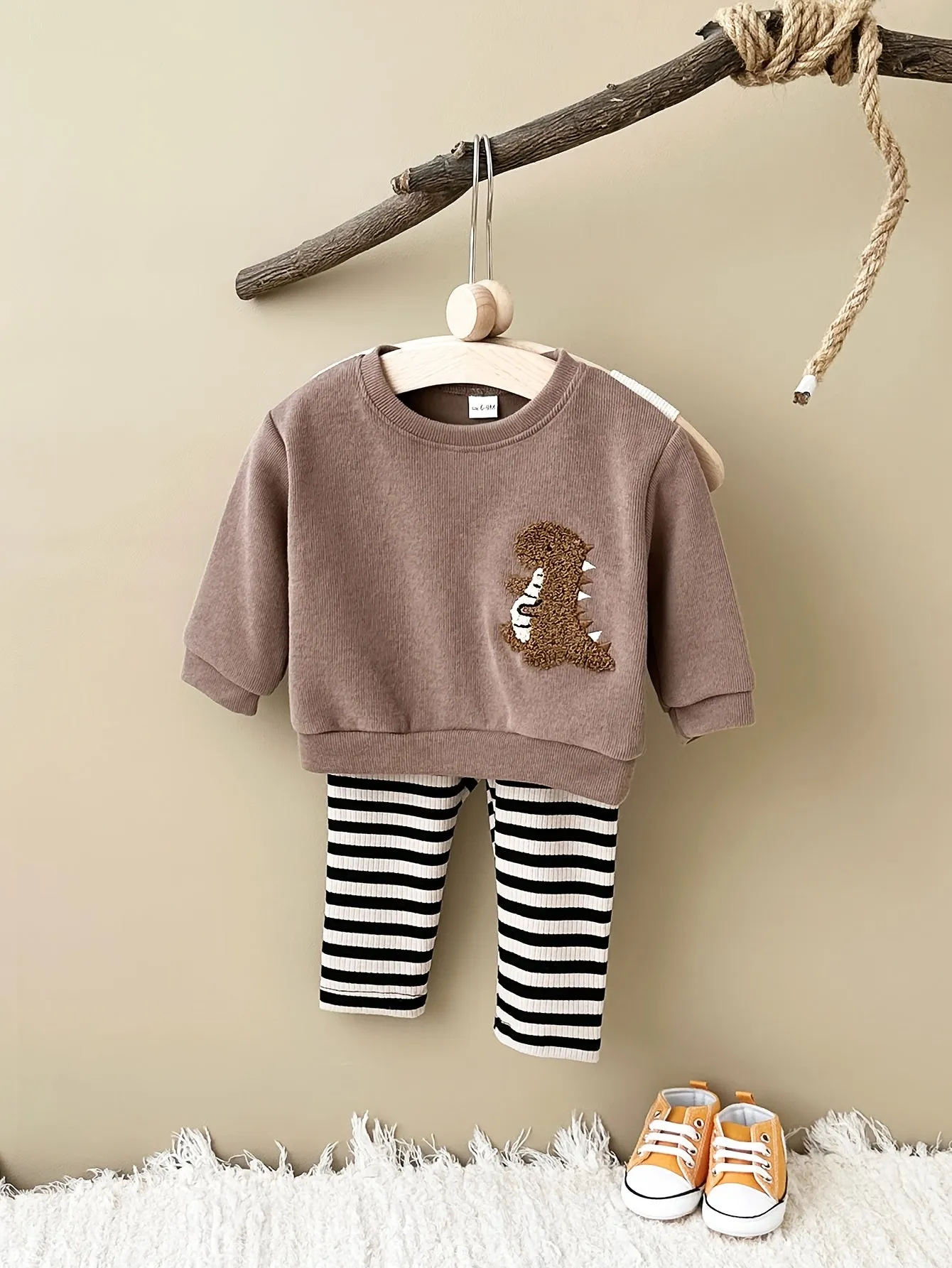2pcs FMPDC Baby Boy Dinosaur Embroidery Outfit - Cute Brown Long Sleeve Sweatshirt & Striped Pants Set, 100% Polyester, Machine Washable for Spring/Fall.
