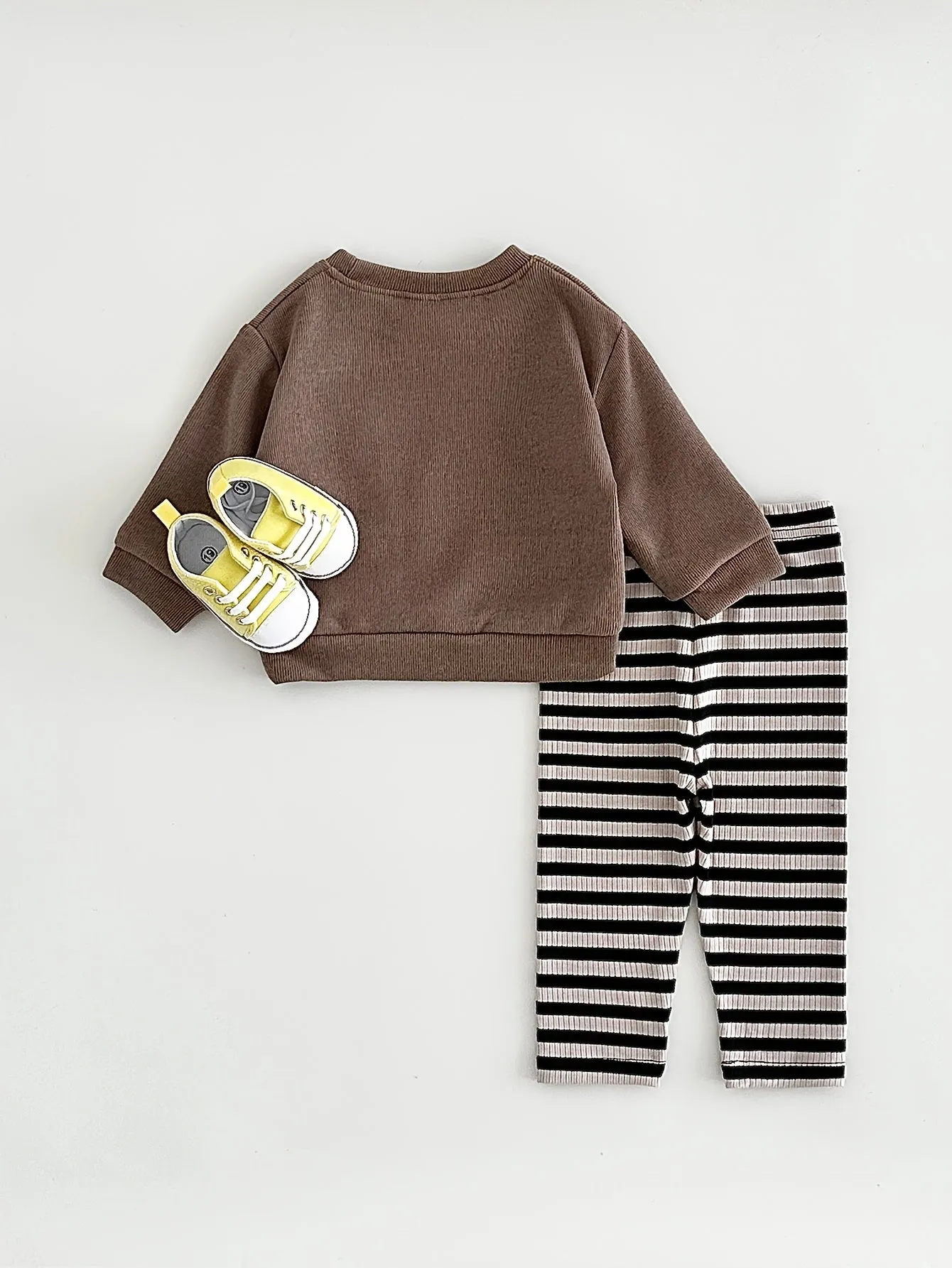 2pcs FMPDC Baby Boy Dinosaur Embroidery Outfit - Cute Brown Long Sleeve Sweatshirt & Striped Pants Set, 100% Polyester, Machine Washable for Spring/Fall.