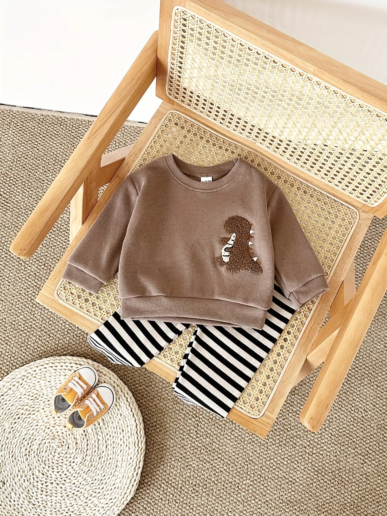 2pcs FMPDC Baby Boy Dinosaur Embroidery Outfit - Cute Brown Long Sleeve Sweatshirt & Striped Pants Set, 100% Polyester, Machine Washable for Spring/Fall.