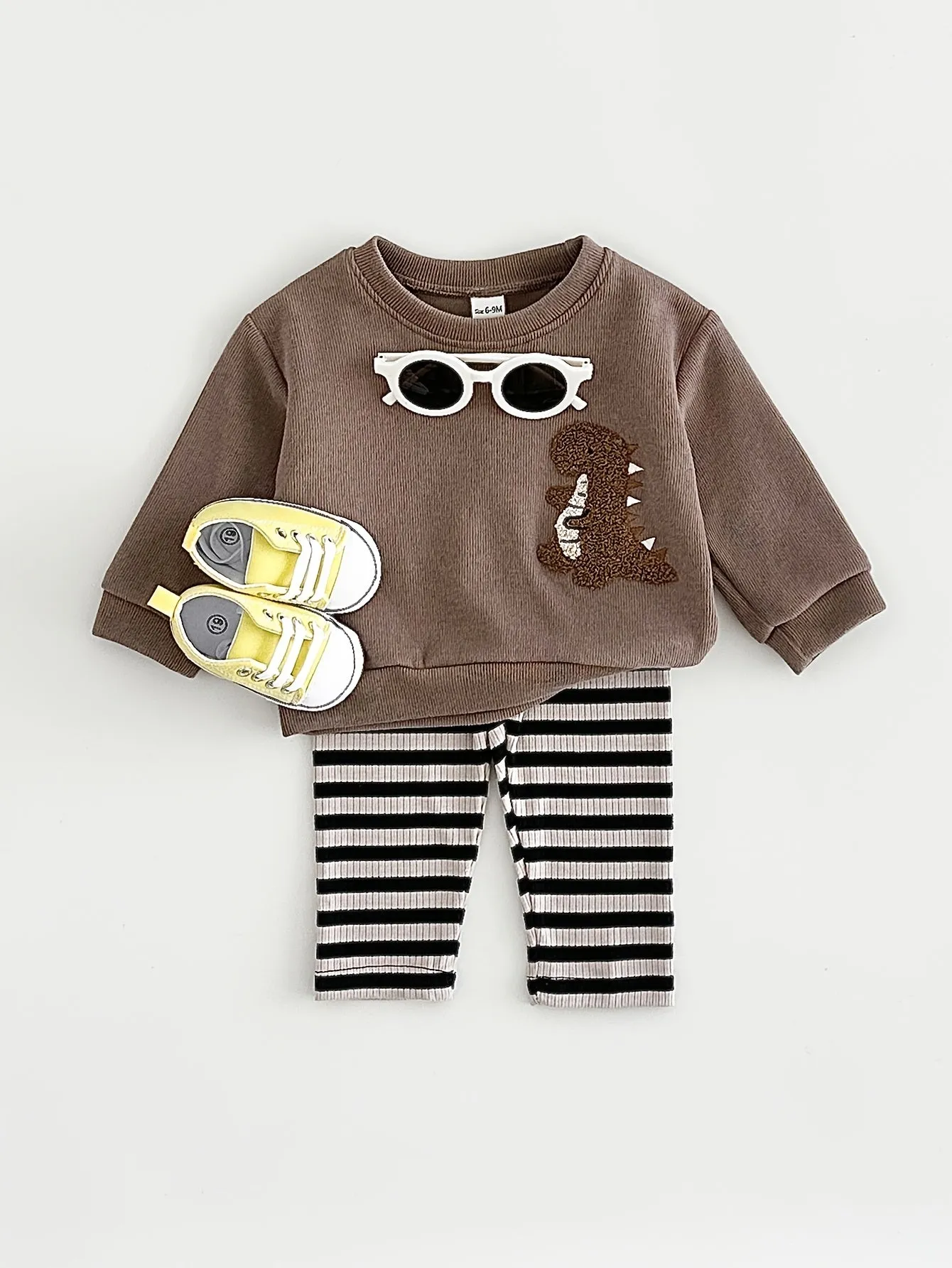 2pcs FMPDC Baby Boy Dinosaur Embroidery Outfit - Cute Brown Long Sleeve Sweatshirt & Striped Pants Set, 100% Polyester, Machine Washable for Spring/Fall.