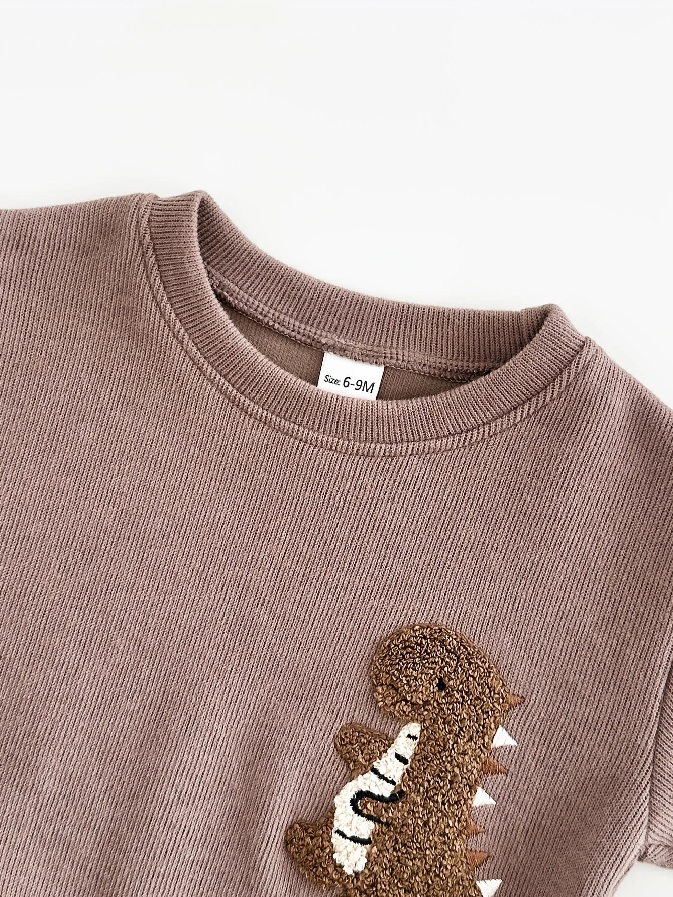 2pcs FMPDC Baby Boy Dinosaur Embroidery Outfit - Cute Brown Long Sleeve Sweatshirt & Striped Pants Set, 100% Polyester, Machine Washable for Spring/Fall.
