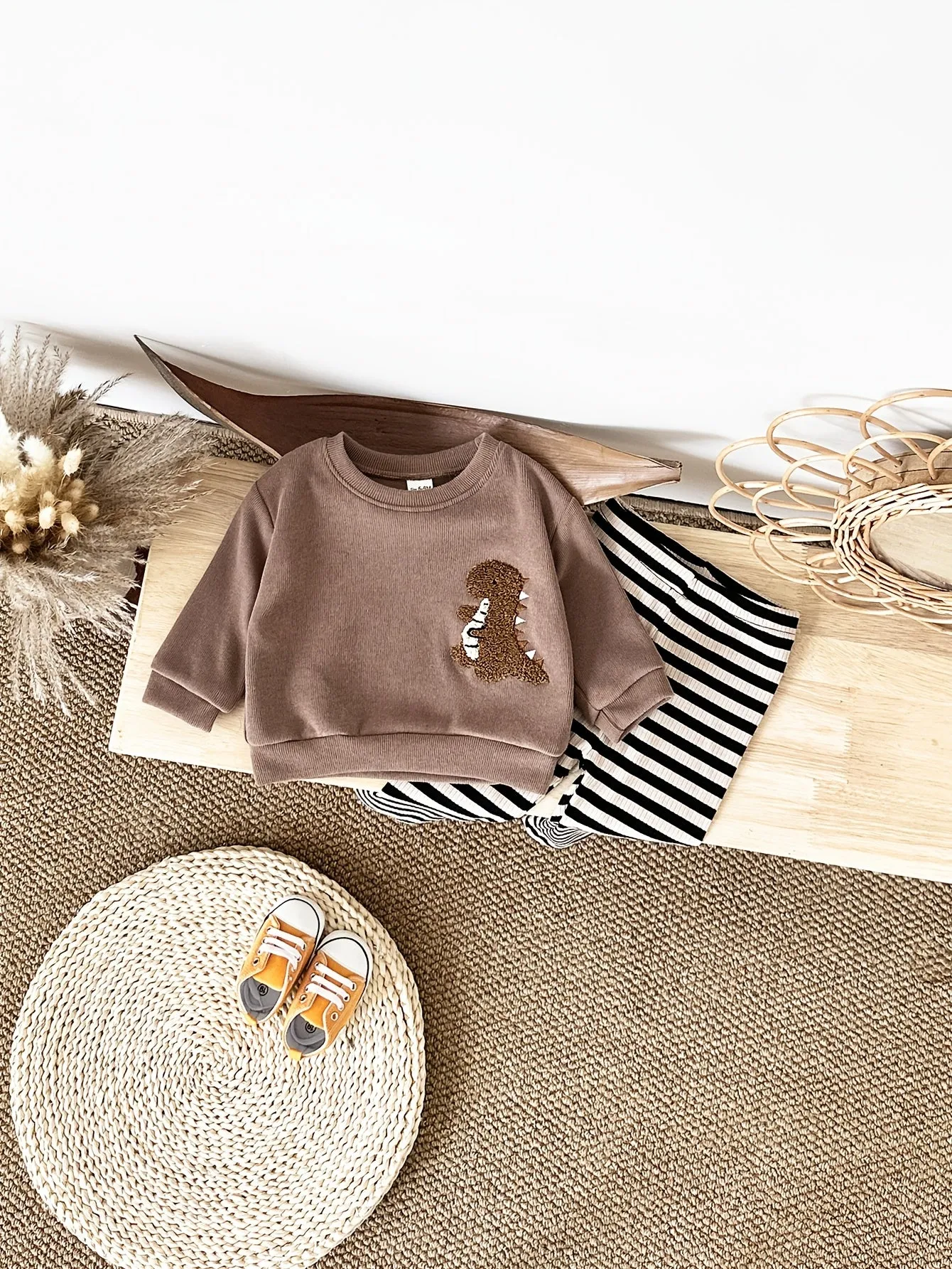 2pcs FMPDC Baby Boy Dinosaur Embroidery Outfit - Cute Brown Long Sleeve Sweatshirt & Striped Pants Set, 100% Polyester, Machine Washable for Spring/Fall.