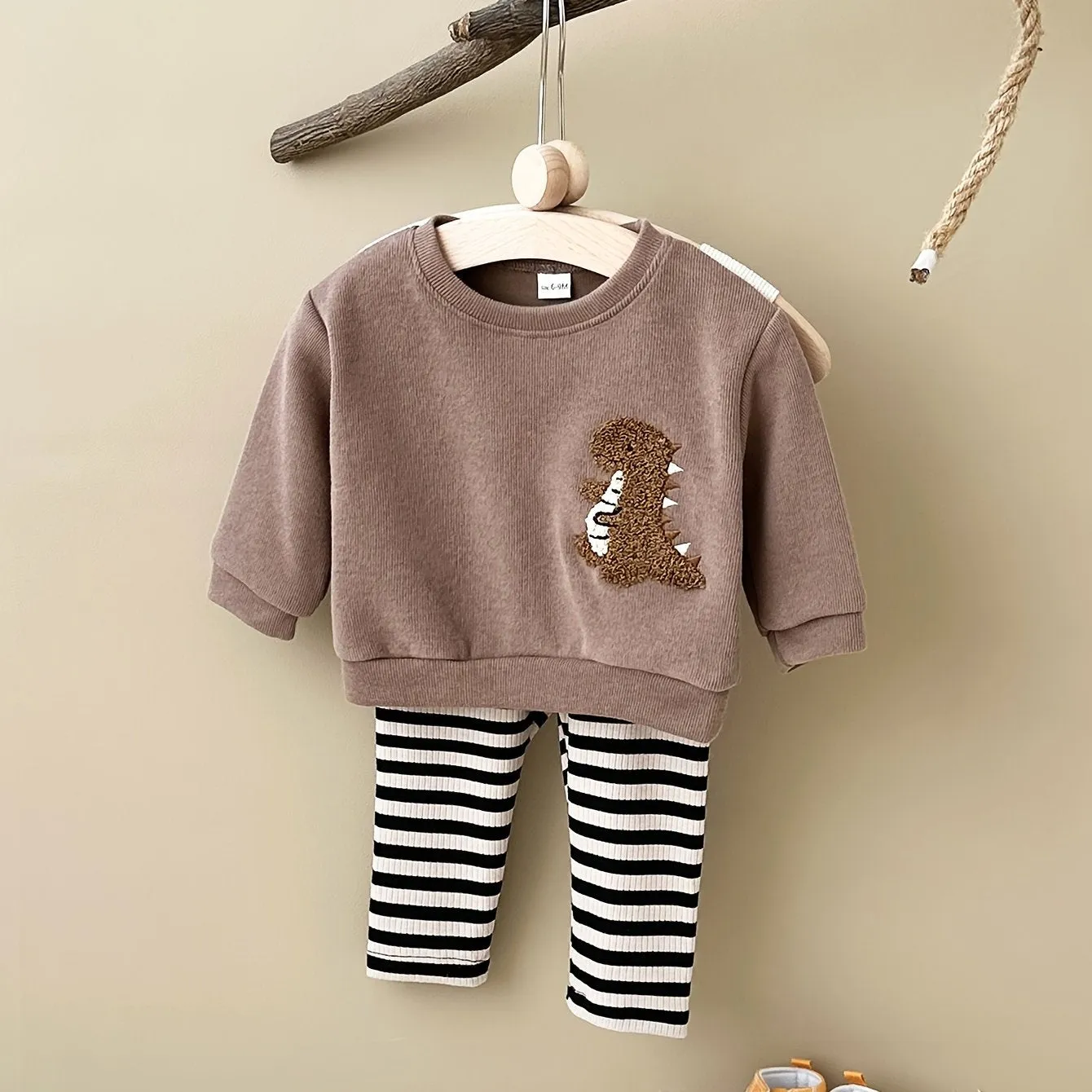 2pcs FMPDC Baby Boy Dinosaur Embroidery Outfit - Cute Brown Long Sleeve Sweatshirt & Striped Pants Set, 100% Polyester, Machine Washable for Spring/Fall.