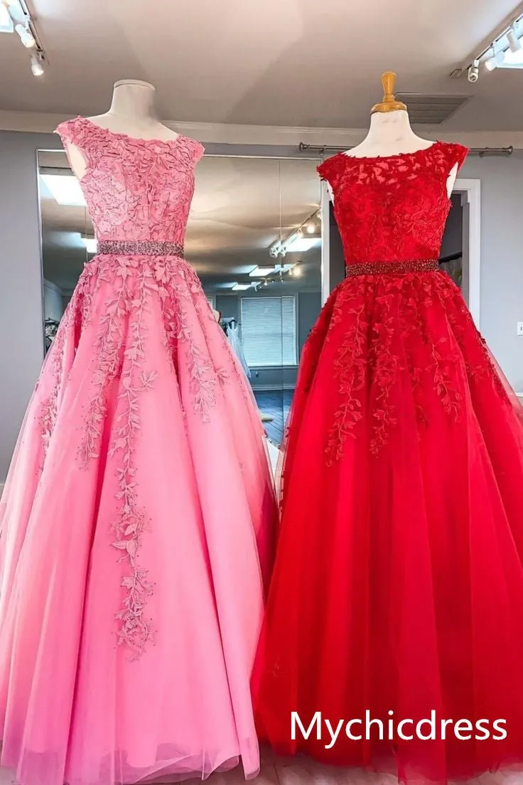 A Line Lace Prom Dresses UK 2025 with Beaded Belt Long Jewel Evening Dress