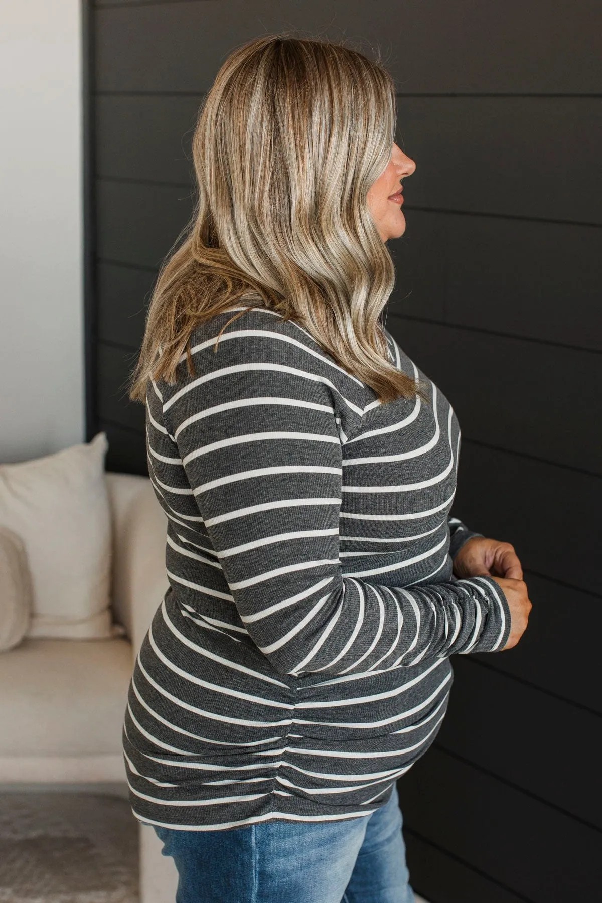 All That Really Matters Ruched Top- Charcoal & White