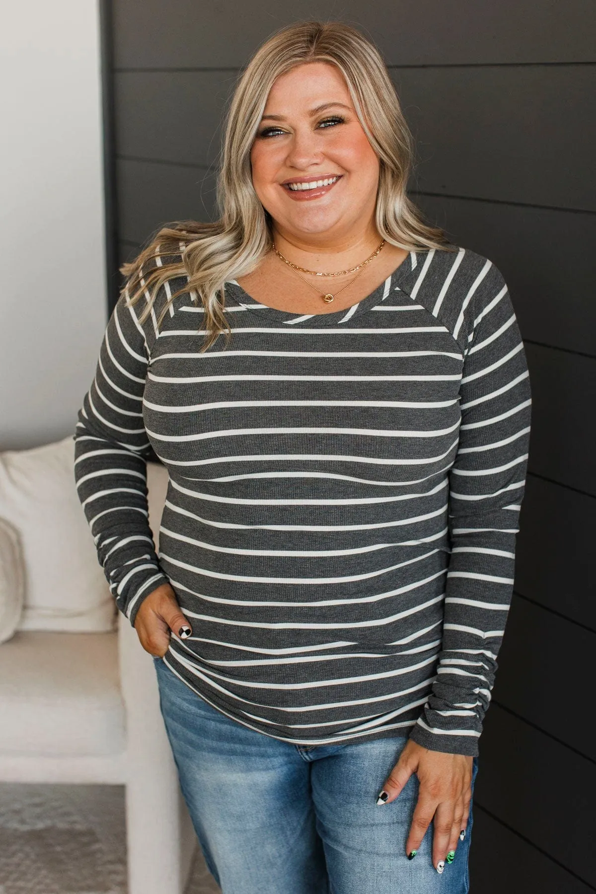 All That Really Matters Ruched Top- Charcoal & White