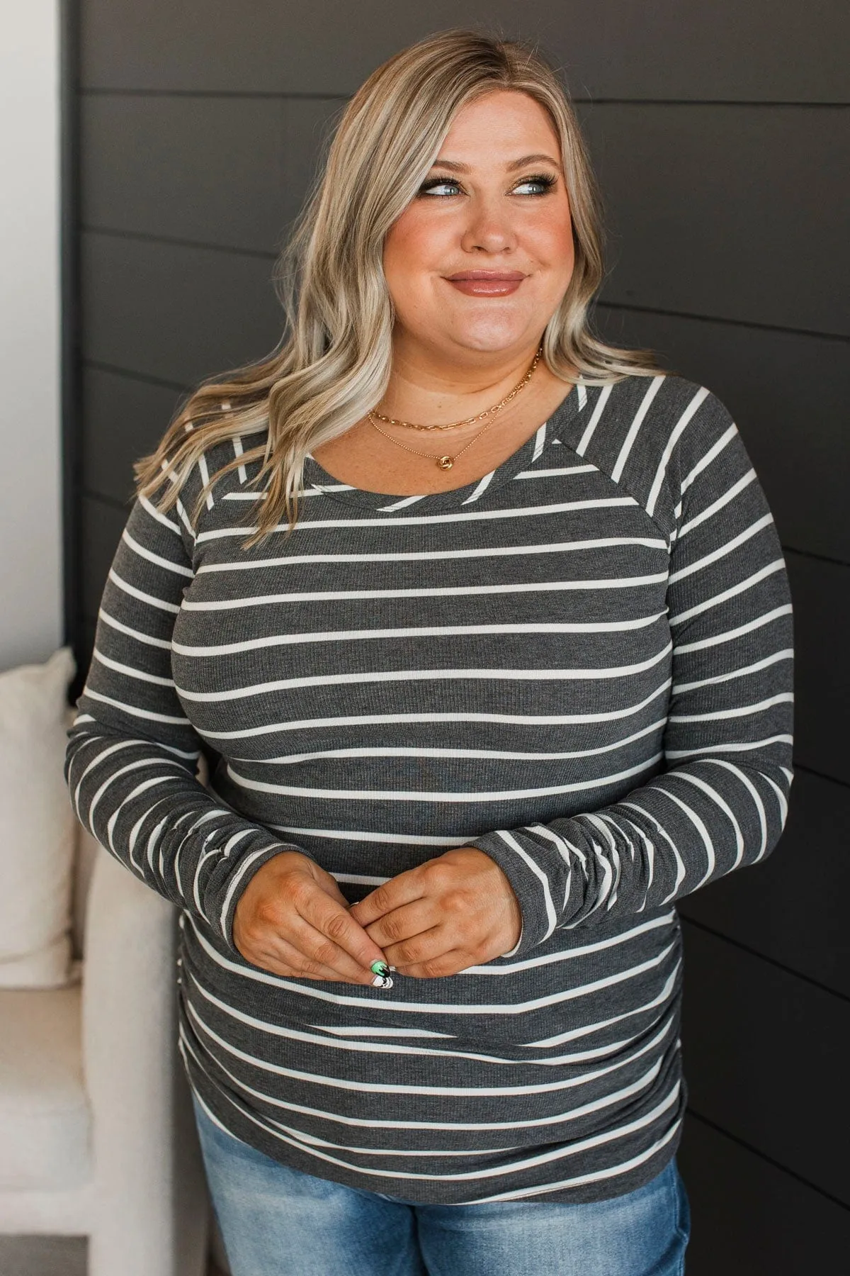 All That Really Matters Ruched Top- Charcoal & White