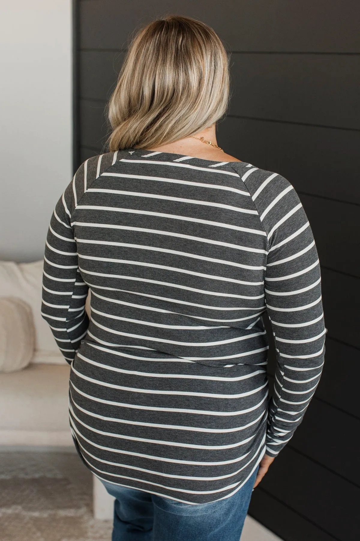 All That Really Matters Ruched Top- Charcoal & White