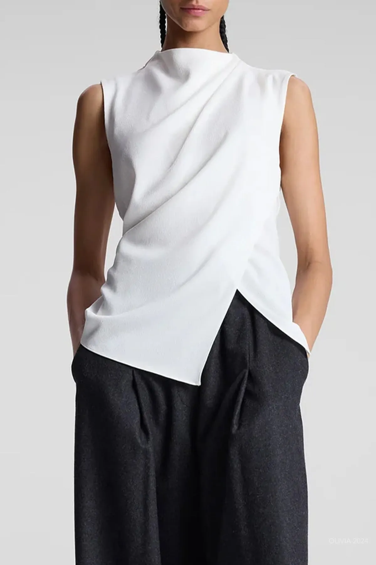 Amira Ruched Sleeveless Top in Off-White