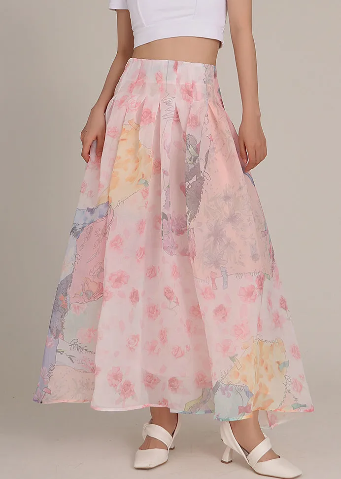 Art Pink Zippered Print High Waist Chiffon Skirts Spring