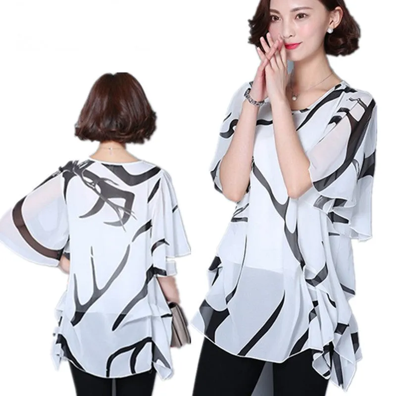Bat shirt half Sleeve Chiffon Shirts Women printed Tops Long shirt White Blouse style large plus Size XXXXXL DT228