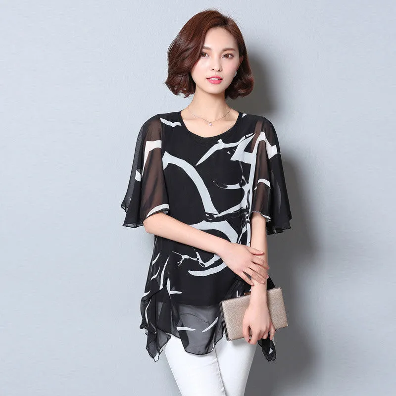 Bat shirt half Sleeve Chiffon Shirts Women printed Tops Long shirt White Blouse style large plus Size XXXXXL DT228