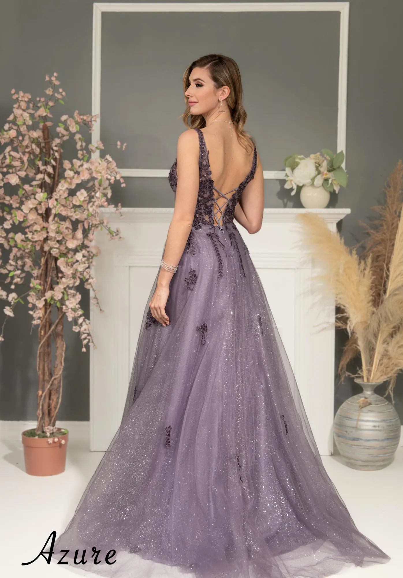 Beaded Applique Shimmer Tulle V-Neck Gown