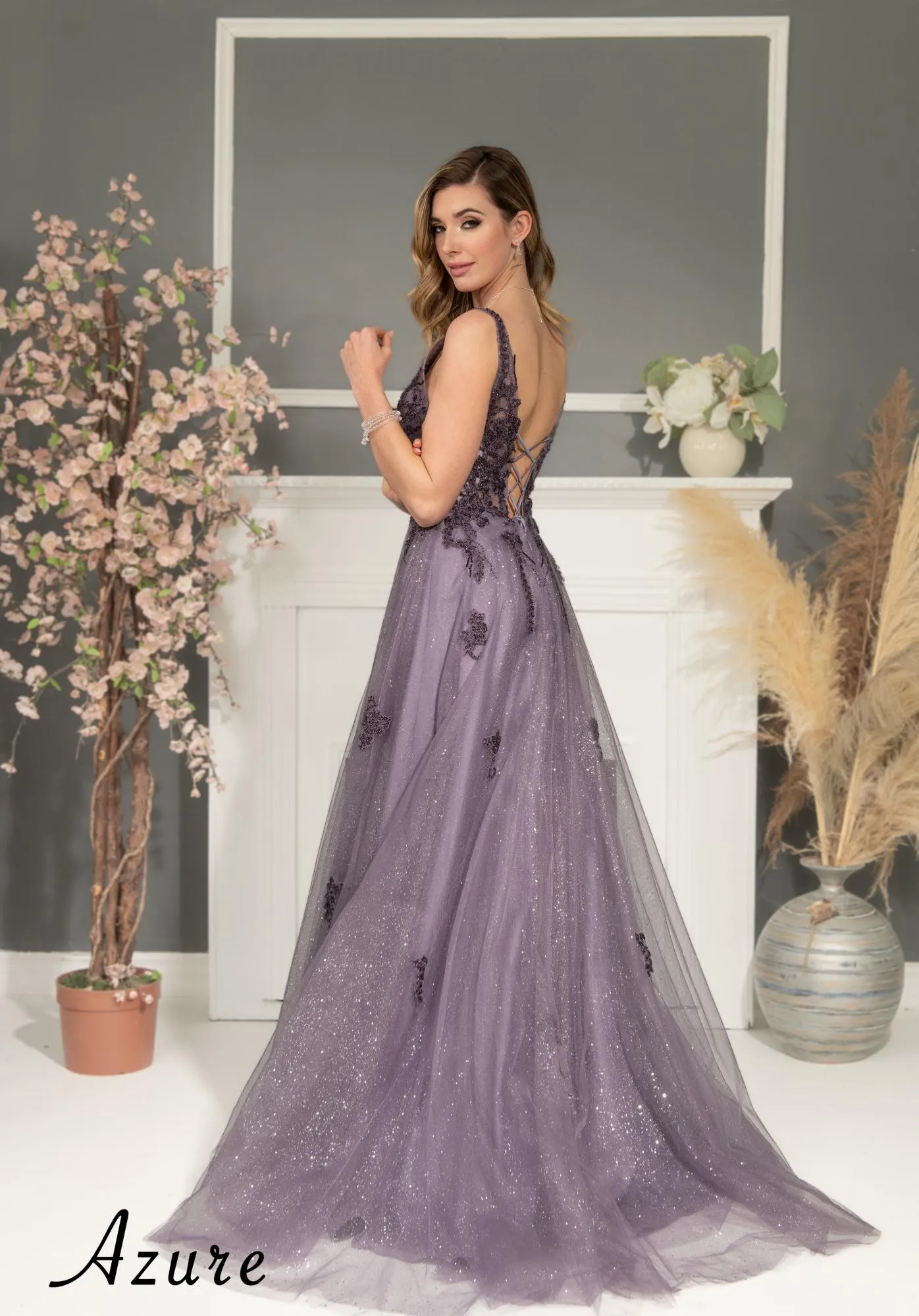 Beaded Applique Shimmer Tulle V-Neck Gown