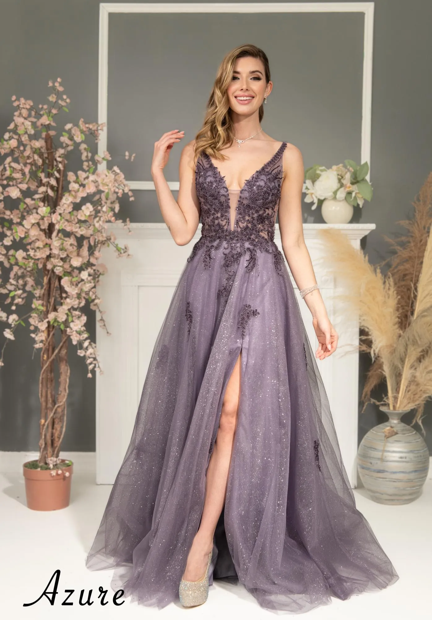 Beaded Applique Shimmer Tulle V-Neck Gown