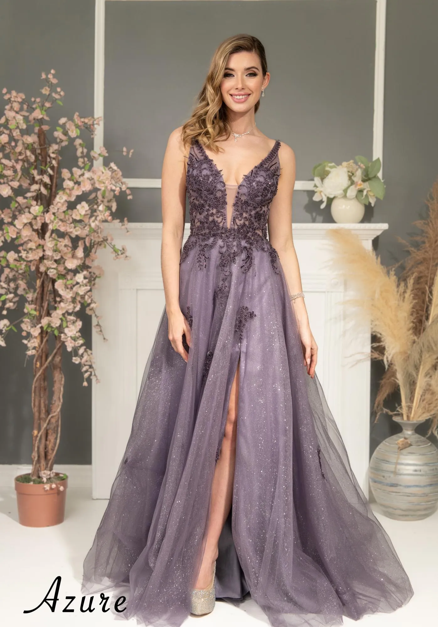 Beaded Applique Shimmer Tulle V-Neck Gown