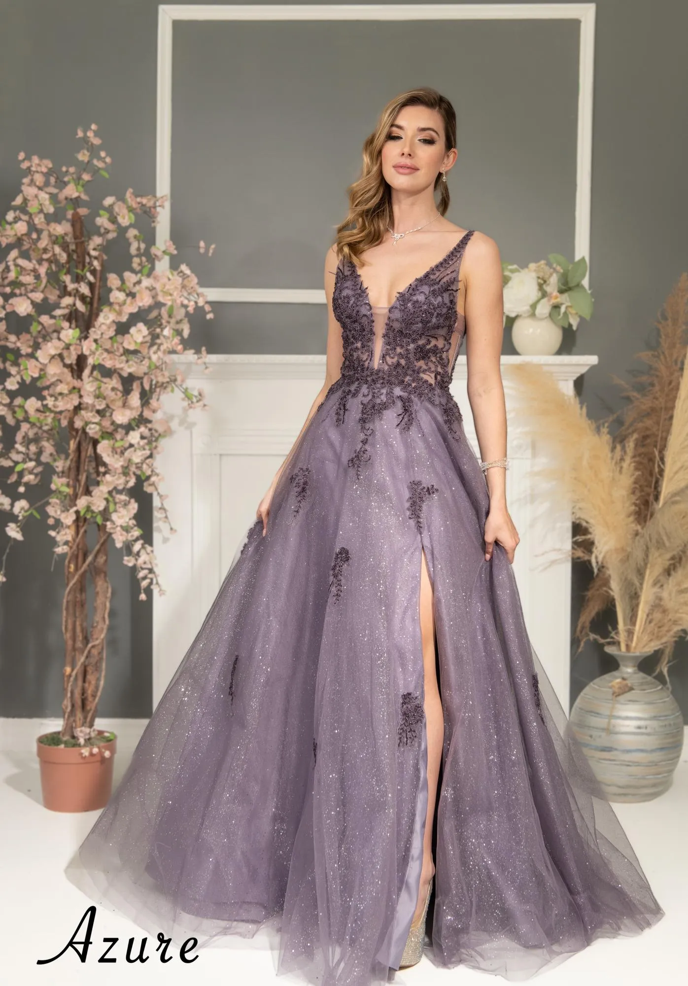 Beaded Applique Shimmer Tulle V-Neck Gown