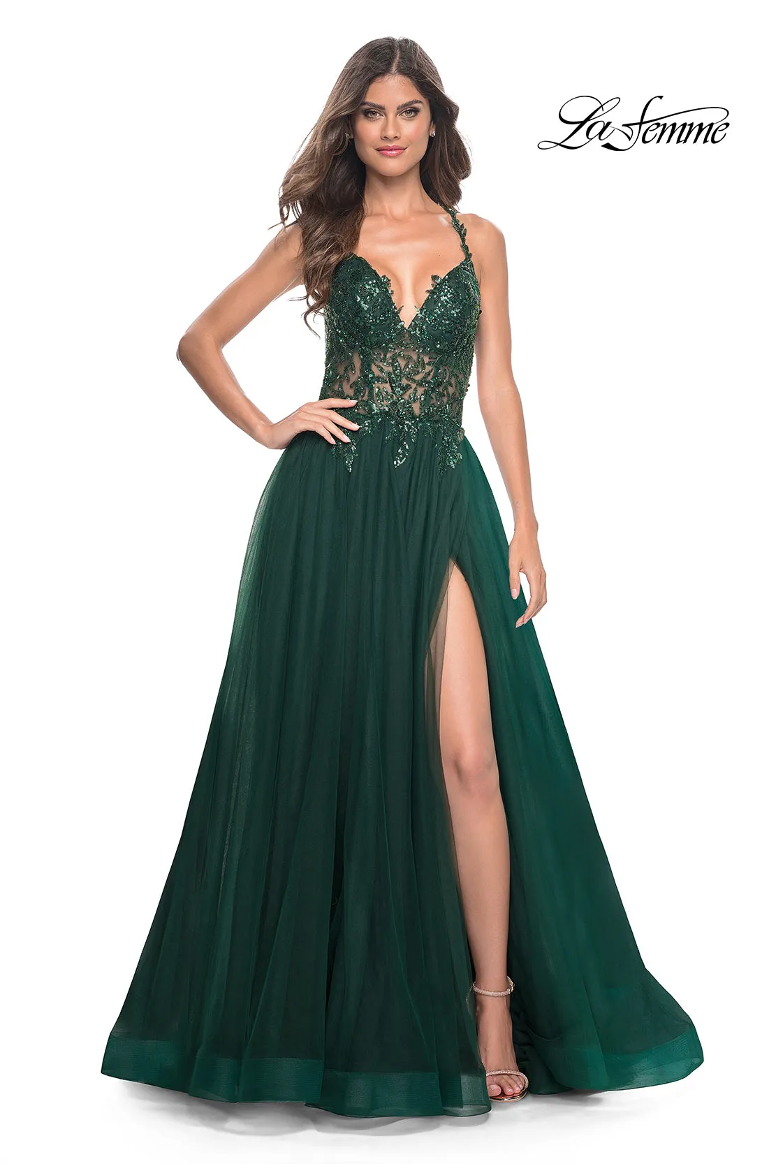 Beaded Sheer Bodice Ballgown with Open Back