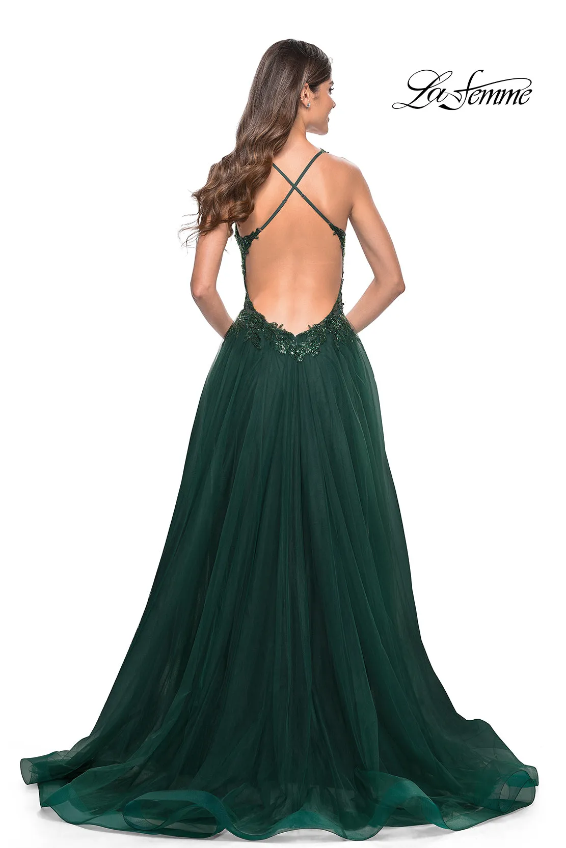 Beaded Sheer Bodice Ballgown with Open Back