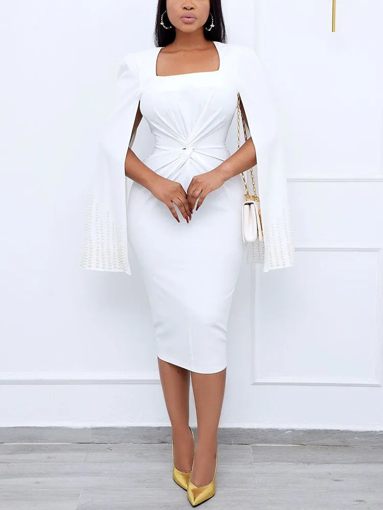 Beaded Sleeve Twist Front Midi Dress