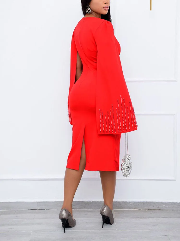 Beaded Sleeve Twist Front Midi Dress