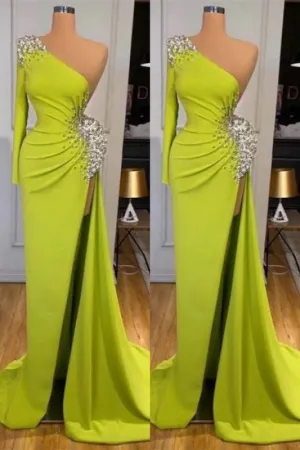 Beaded Yellow Green Mermaid Long Prom Dress with Split Sleeves