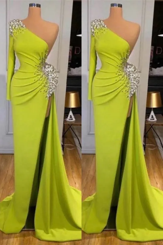 Beaded Yellow Green Mermaid Long Prom Dress with Split Sleeves