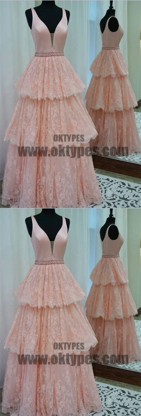 Beautiful V-neck Satin Top Cupcake Dress With Beaded, Charming Lace Appliques Prom Dress, TYP0584