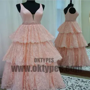 Beautiful V-neck Satin Top Cupcake Dress With Beaded, Charming Lace Appliques Prom Dress, TYP0584