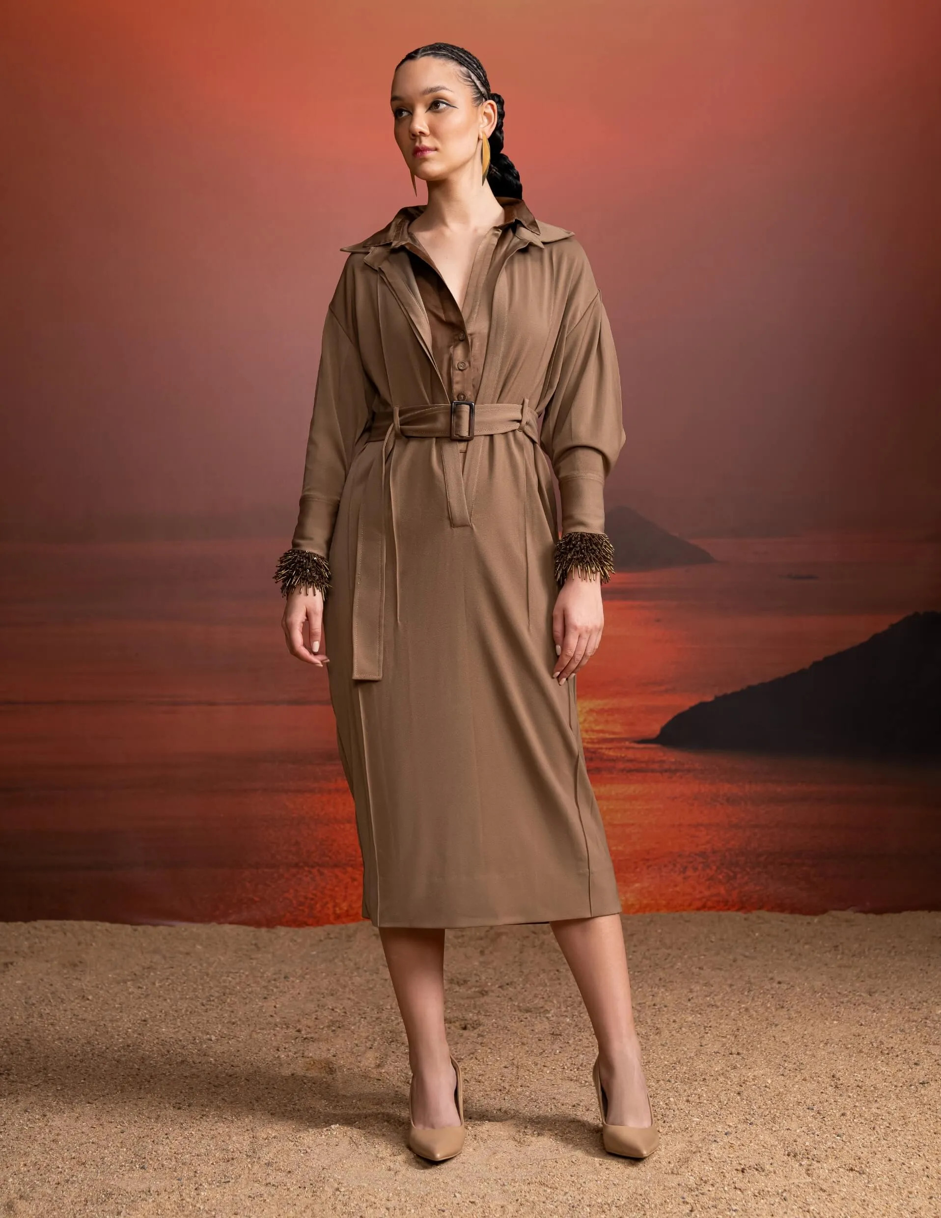 Beige shirt dress and belt