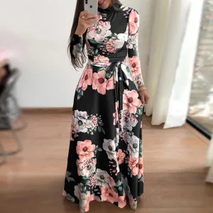 BerryBetty - Flower Print Long Sleeve Maxi Dress Spring Autumn Casual Slim Sashes Long Dress Women Elegant Robe Party Dresses Plus Size S-5XL