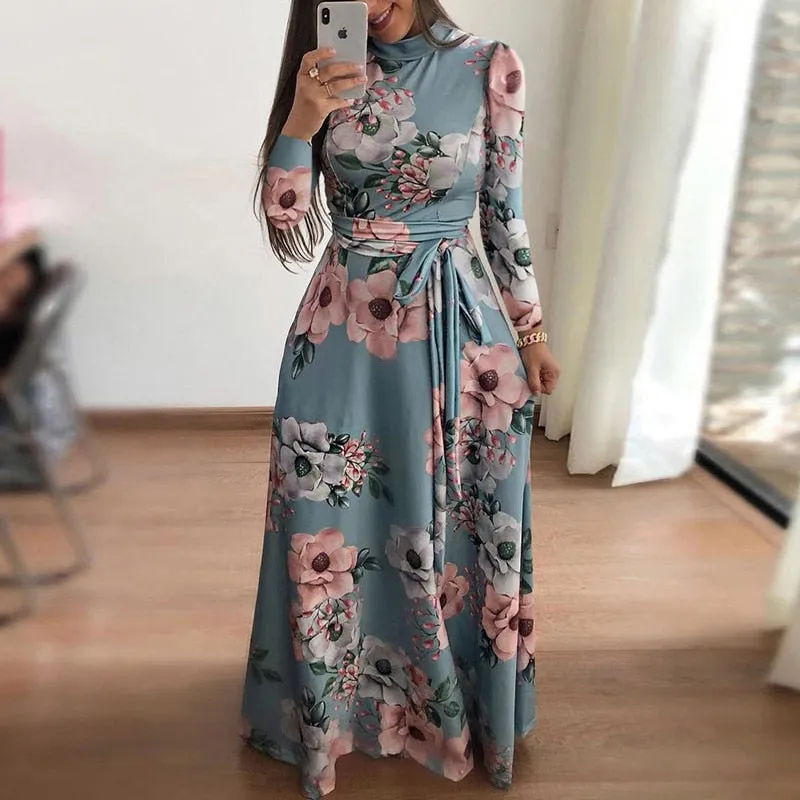 BerryBetty - Flower Print Long Sleeve Maxi Dress Spring Autumn Casual Slim Sashes Long Dress Women Elegant Robe Party Dresses Plus Size S-5XL