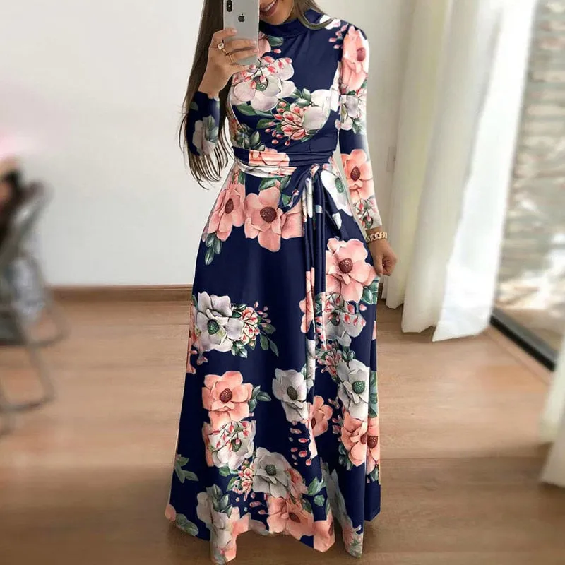 BerryBetty - Flower Print Long Sleeve Maxi Dress Spring Autumn Casual Slim Sashes Long Dress Women Elegant Robe Party Dresses Plus Size S-5XL