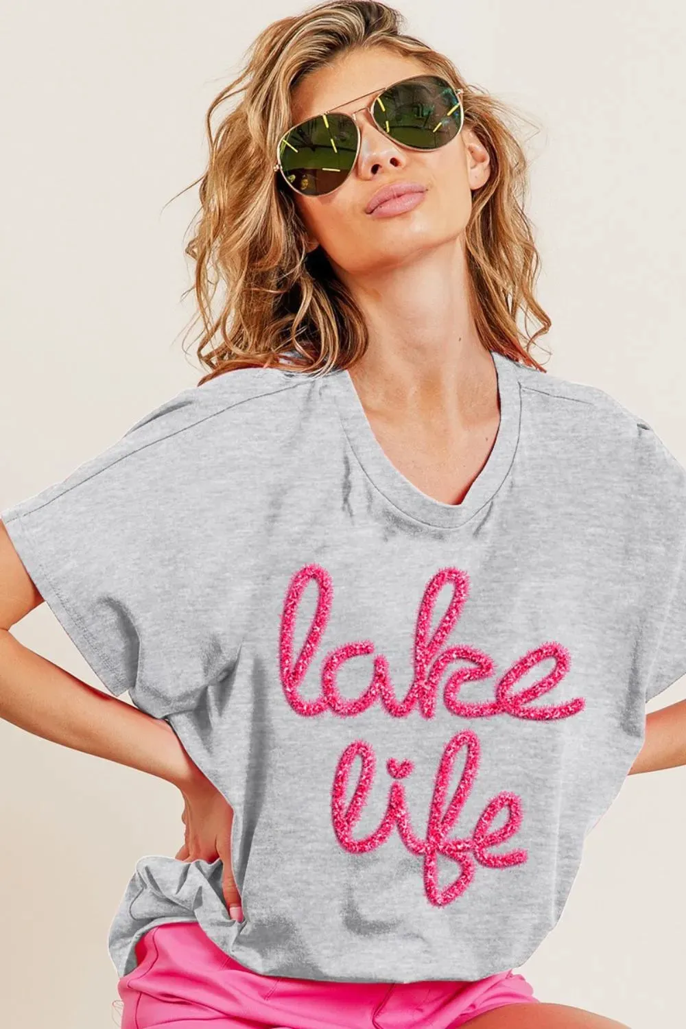 BiBi Metallic Letter Short Dolman Sleeve Top
