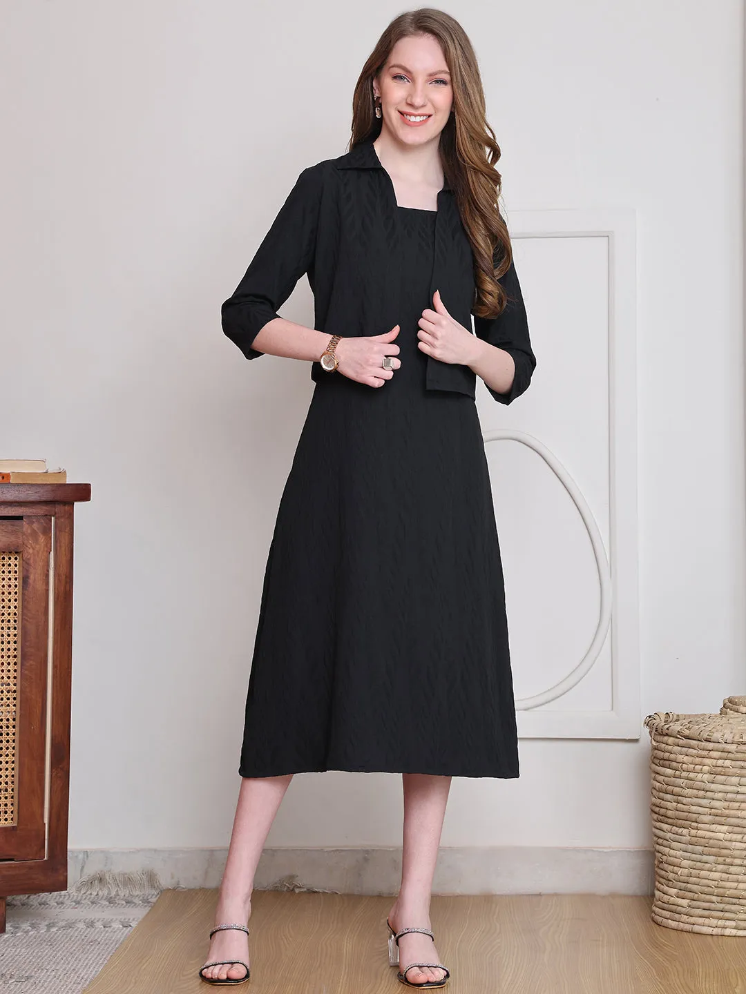 Black Color Solid Printed Polyester Dress  with Jacket For Women